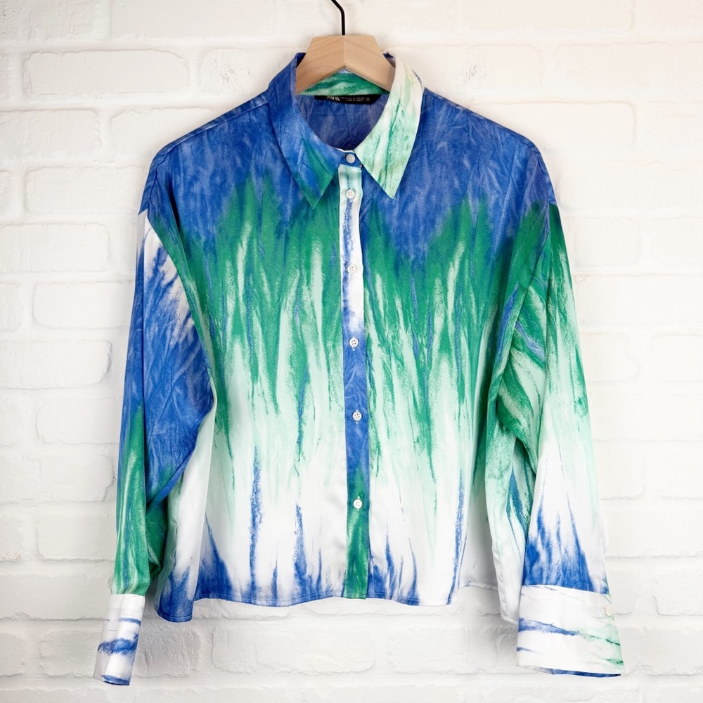 Zara Blue Green Watercolor Tie Dye Satin Long Sleeve Button Down cropped XL